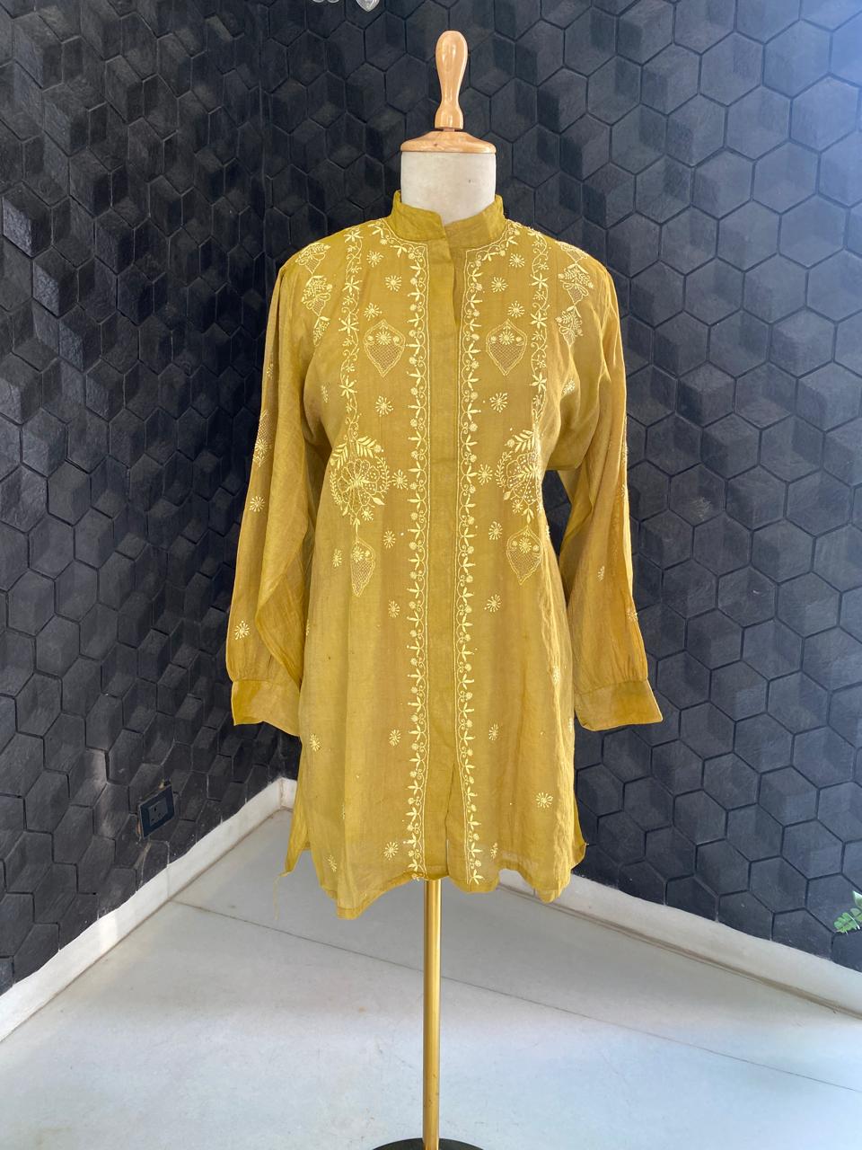 Olive Green Golden Tissue Chikankari C0- ord Set