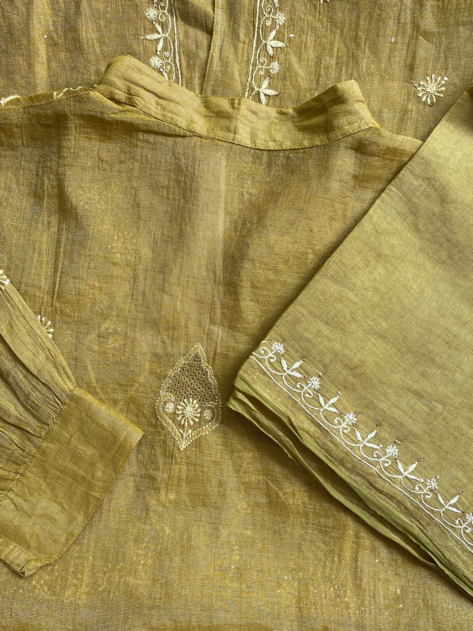 Olive Green Golden Tissue Chikankari C0- ord Set