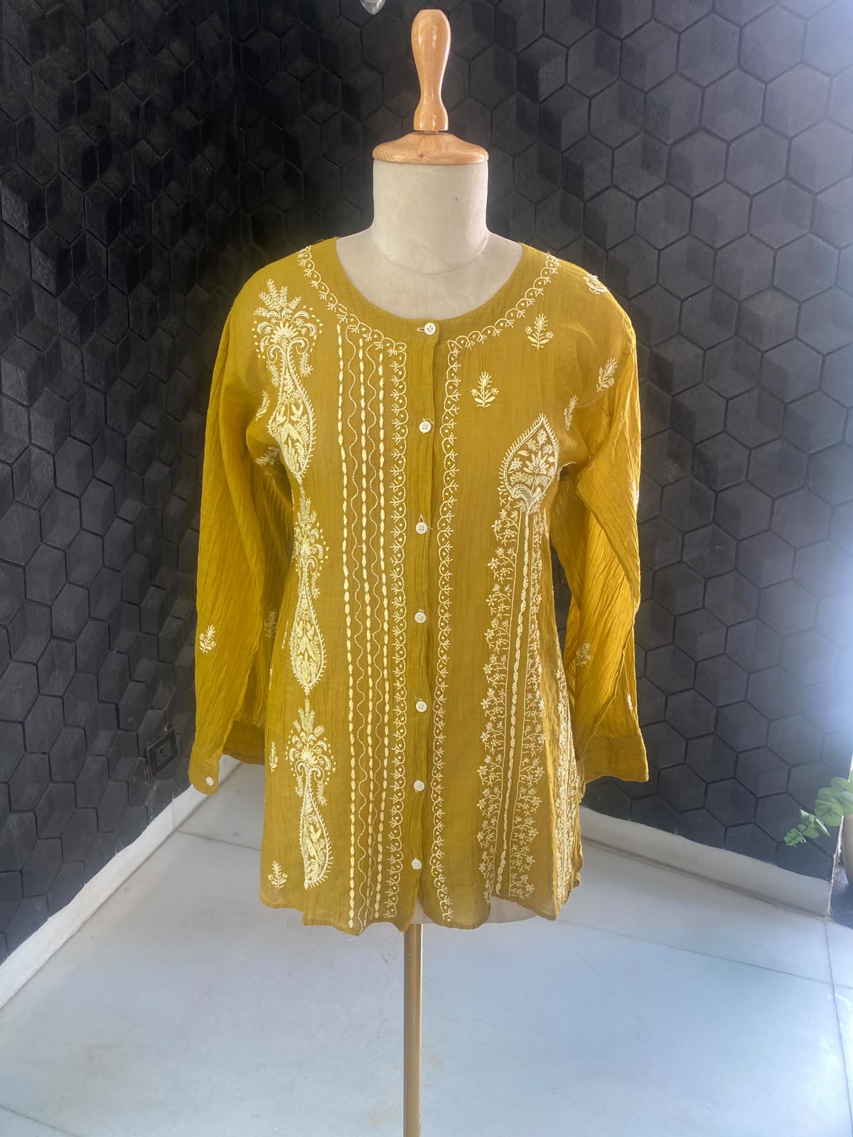 Mustard Yellow Golden Tissue Chikankari co-ord set