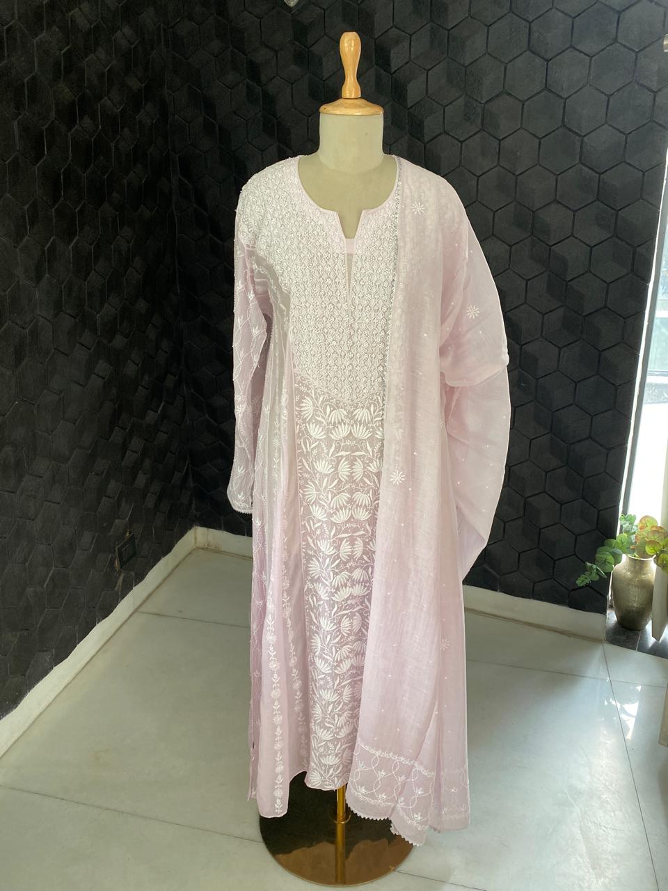 Lilac Panel Lotus Chikankari Mul Chanderi A-Line Kurta Set