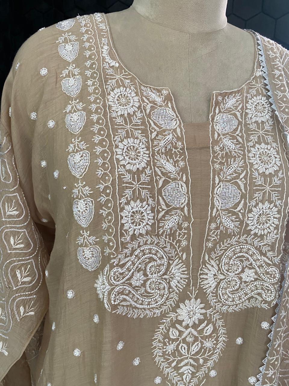 Beige Mul Chanderi Chikankari Kurta Set