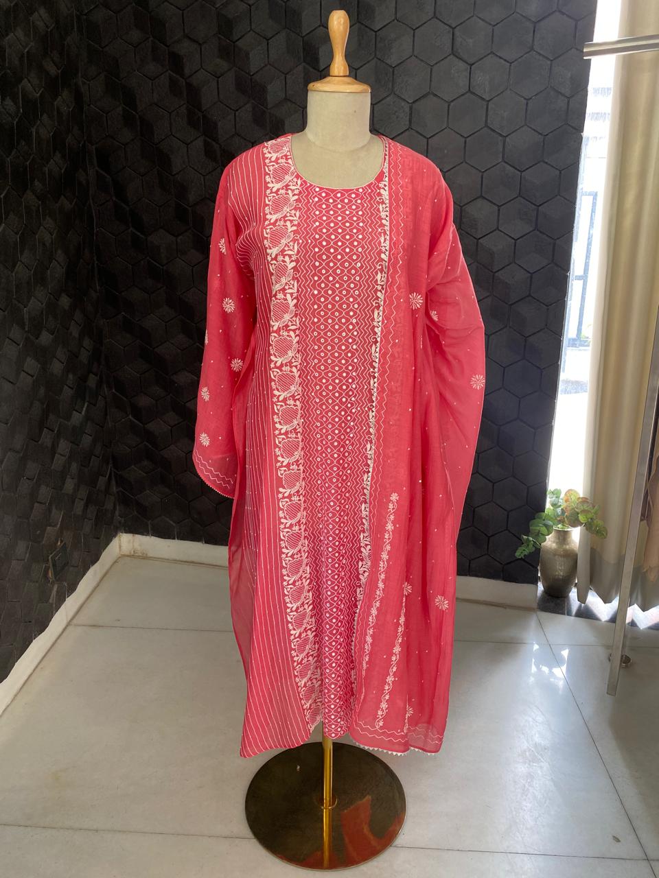 Coral Pink Mul Chanderi Chikankari Kurta Set