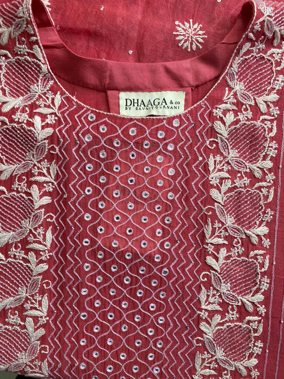 Coral Pink Mul Chanderi Chikankari Kurta Set