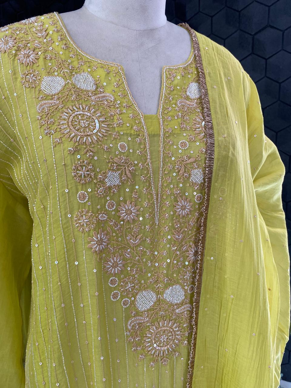 Lime Green Mul Chanderi Chikankari Kurta Set