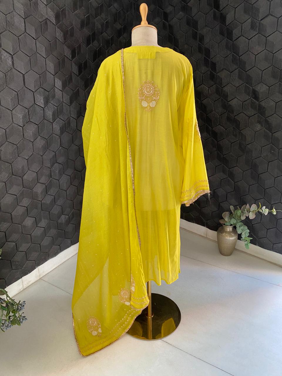 Lime Green Mul Chanderi Chikankari Kurta Set