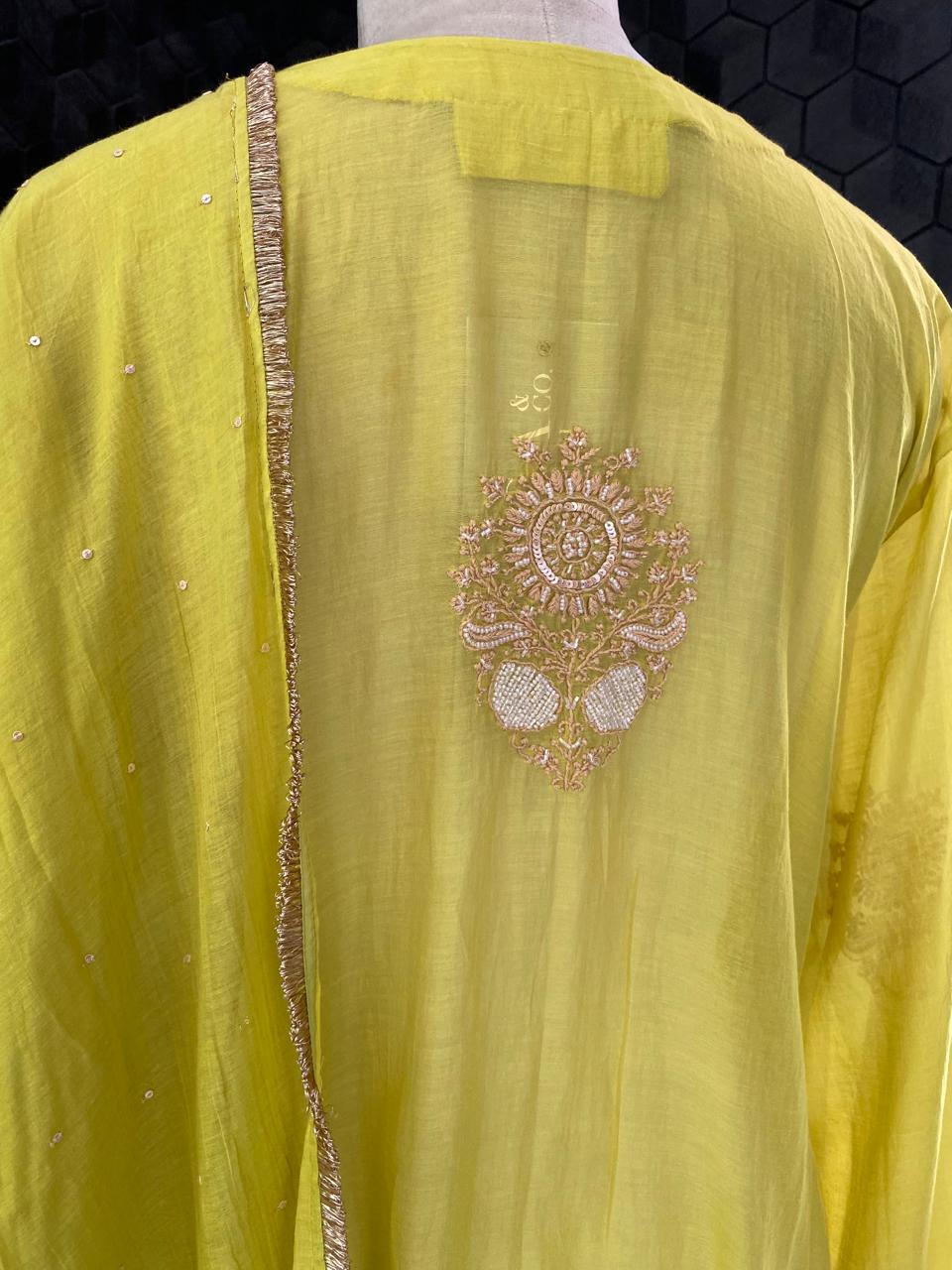 Lime Green Mul Chanderi Chikankari Kurta Set