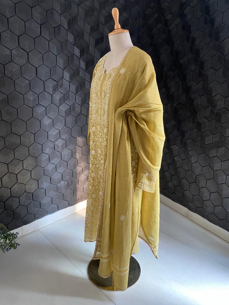 Olive Green Golden Tissue Chikankari kurta set
