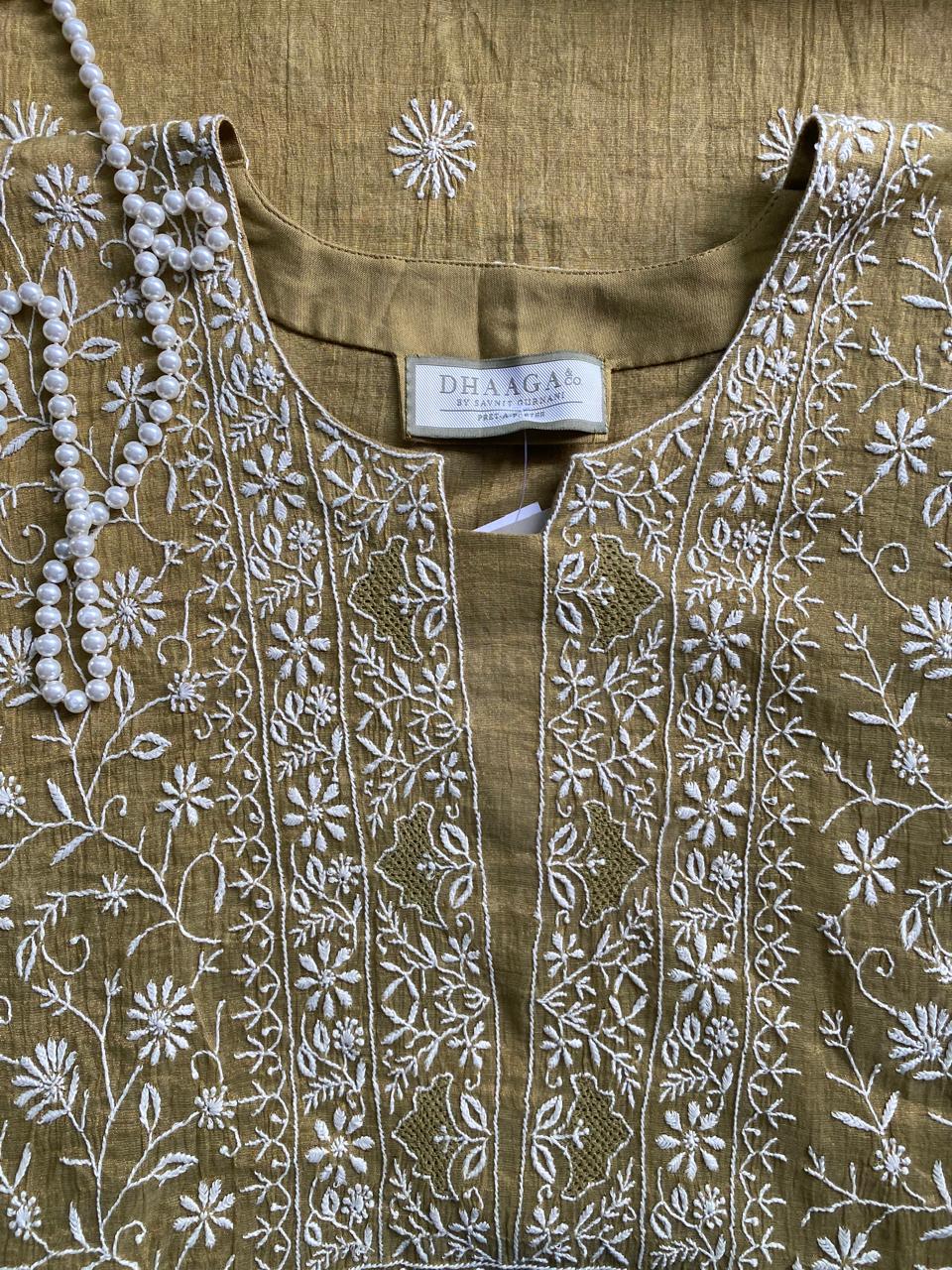 Olive Green Golden Tissue Chikankari kurta set