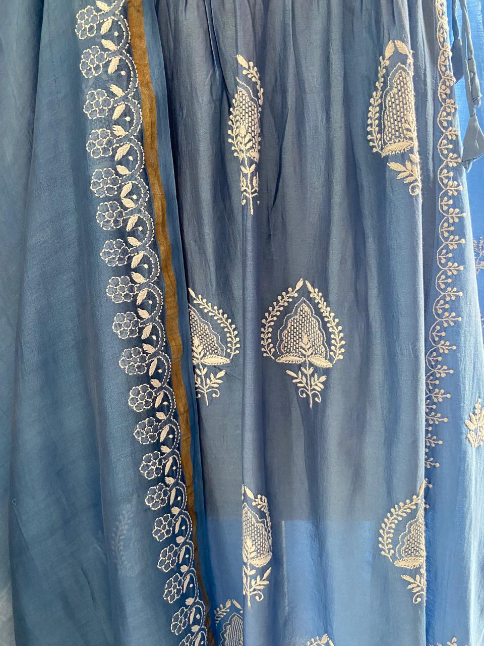Blue Chanderi Chikankari Angrkha Kurta Set