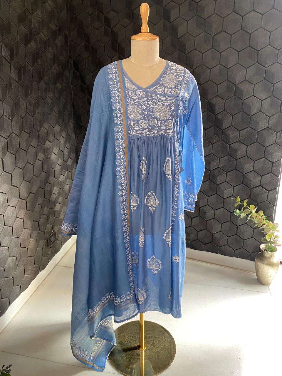Blue Chanderi Chikankari Angrkha Kurta Set
