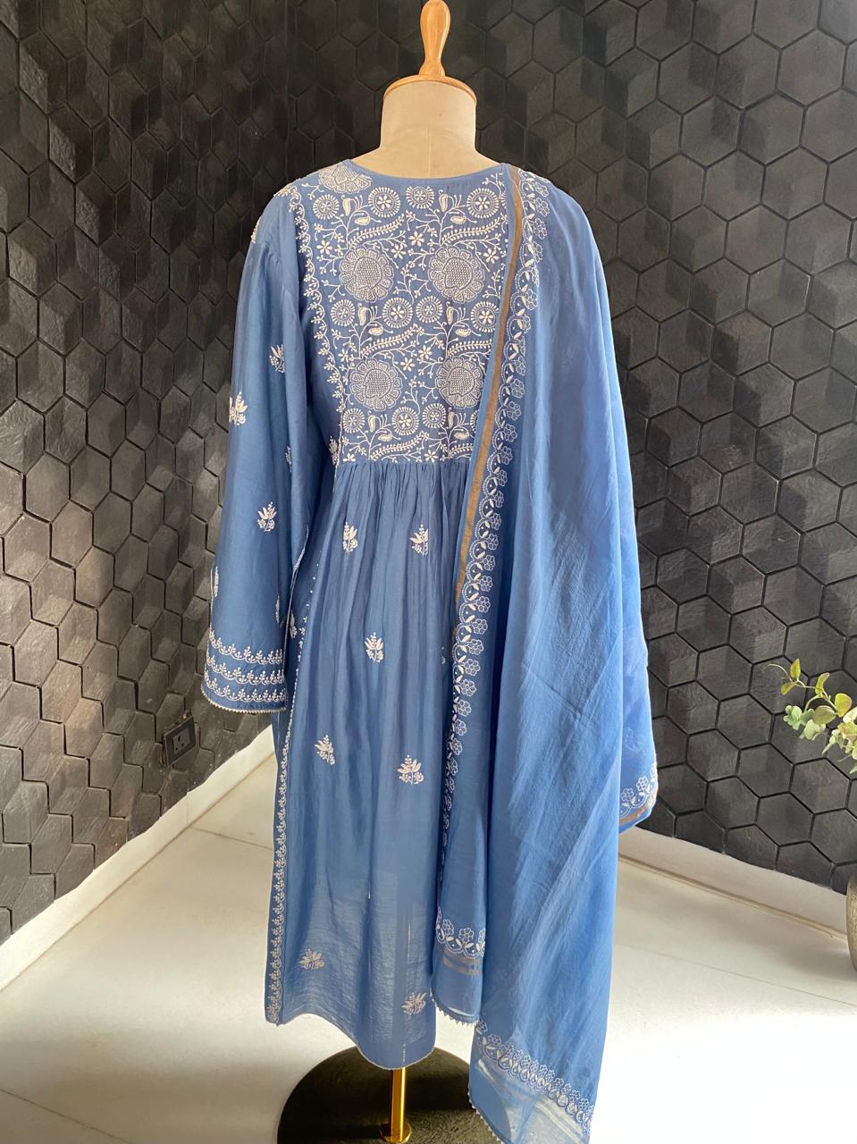 Blue Chanderi Chikankari Angrkha Kurta Set