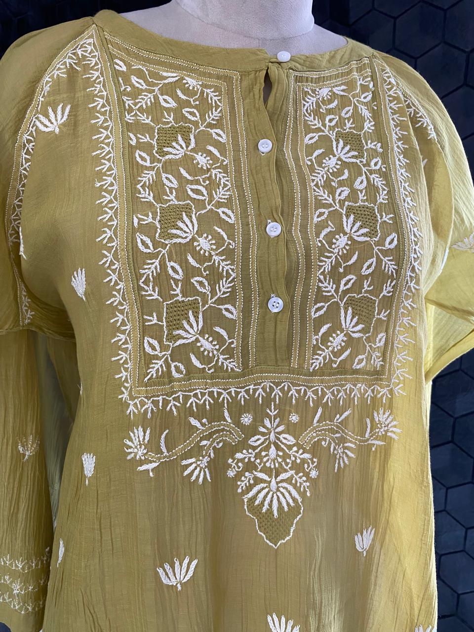 Lime Green Mul Chanderi Chikankari Top