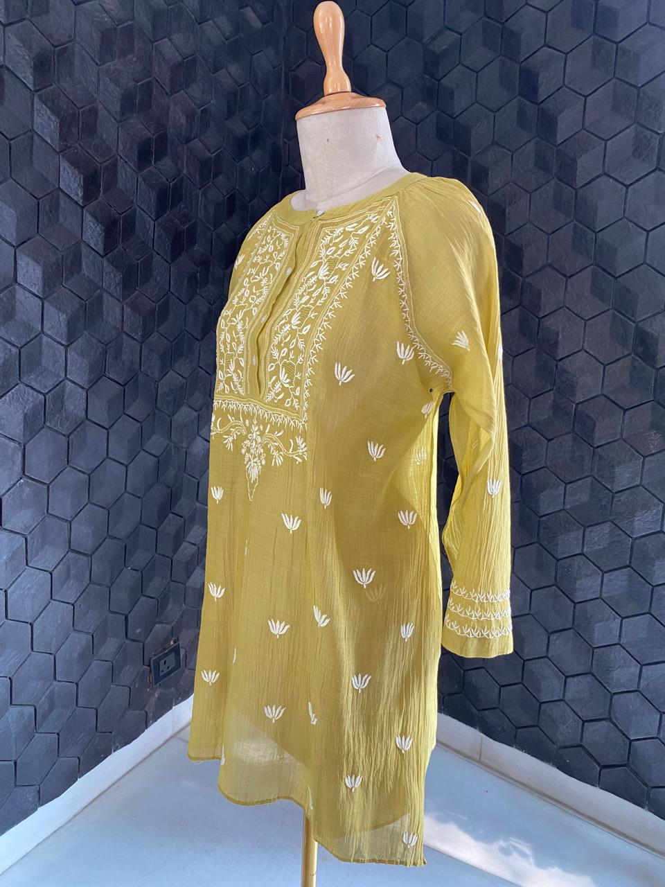 Lime Green Mul Chanderi Chikankari Top