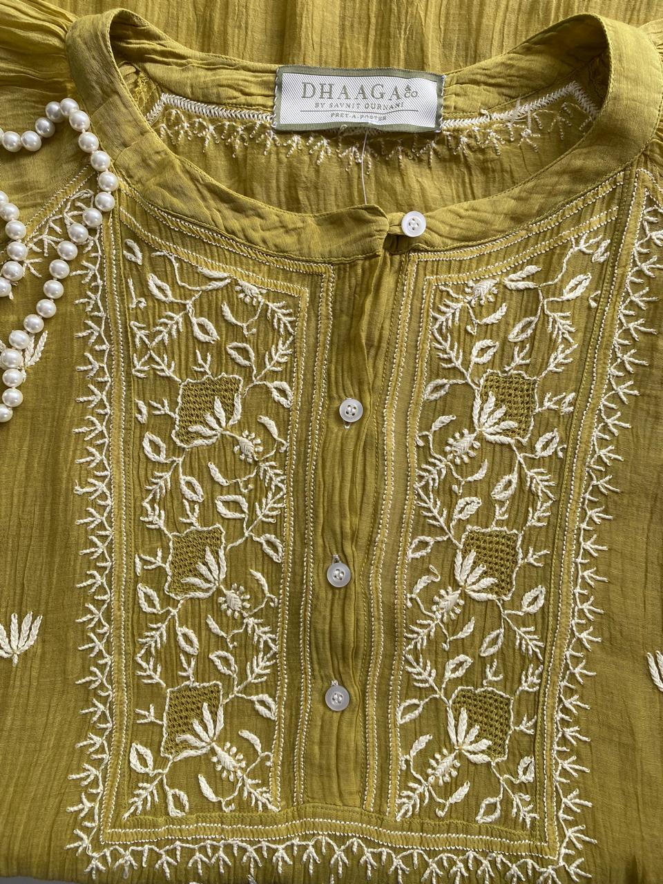 Lime Green Mul Chanderi Chikankari Top