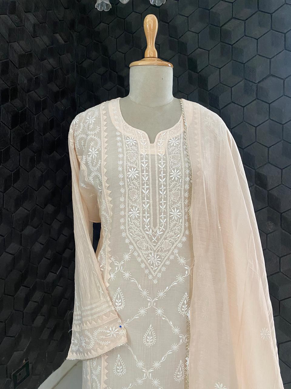 Peach Mul Chanderi Chikankari Kurta Set