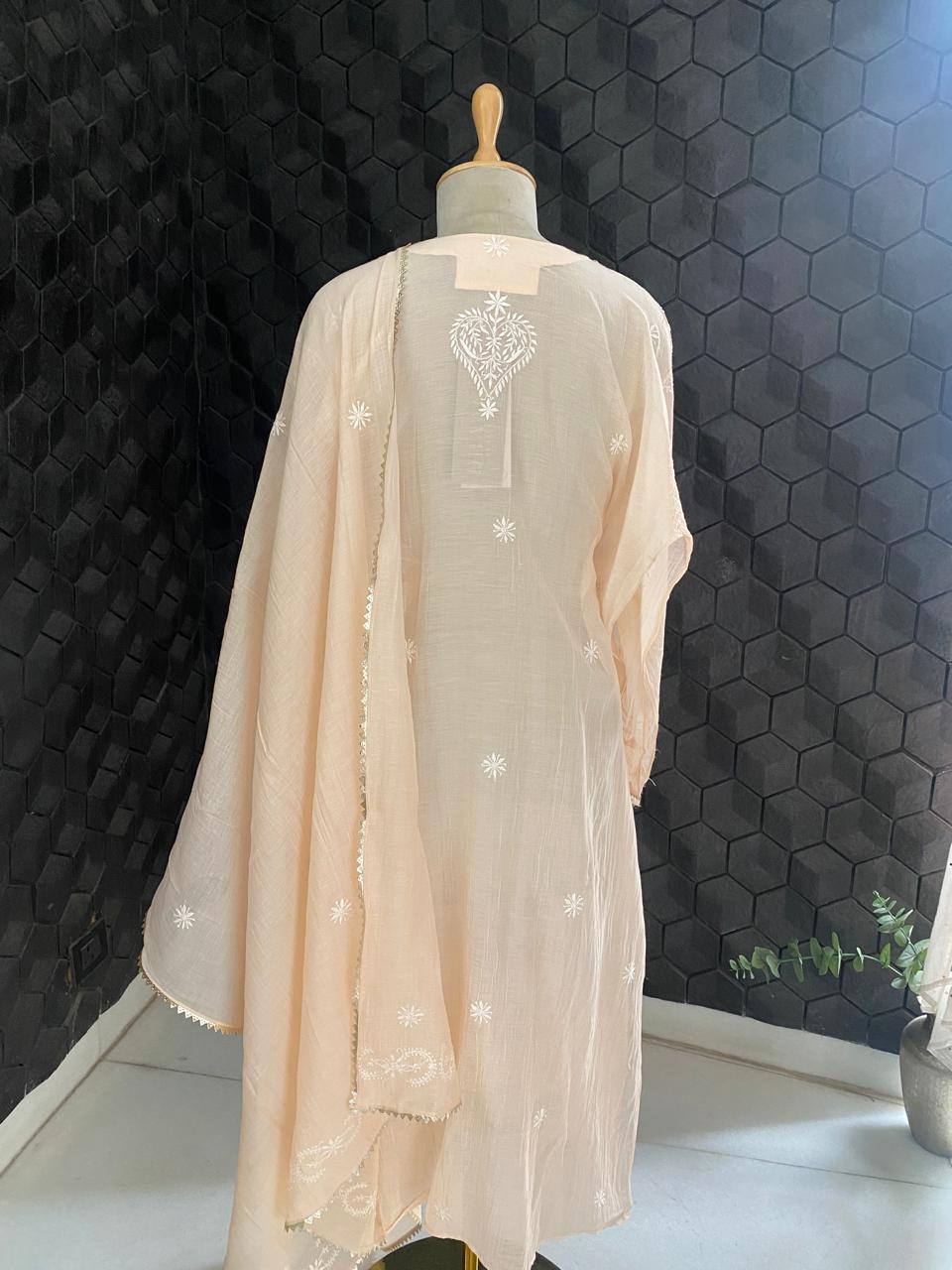 Peach Mul Chanderi Chikankari Kurta Set