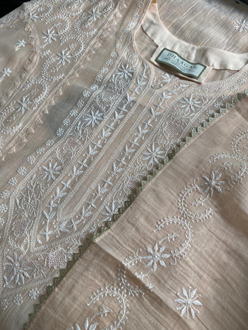Peach Mul Chanderi Chikankari Kurta Set