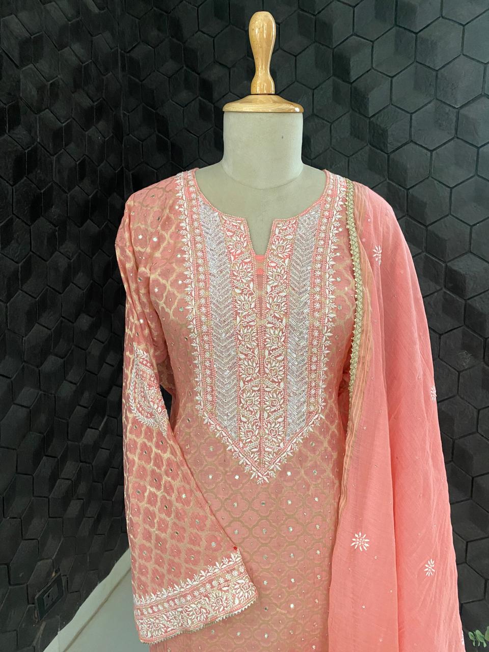 Coral Pink Mul Chanderi Chikankari Kurta Set