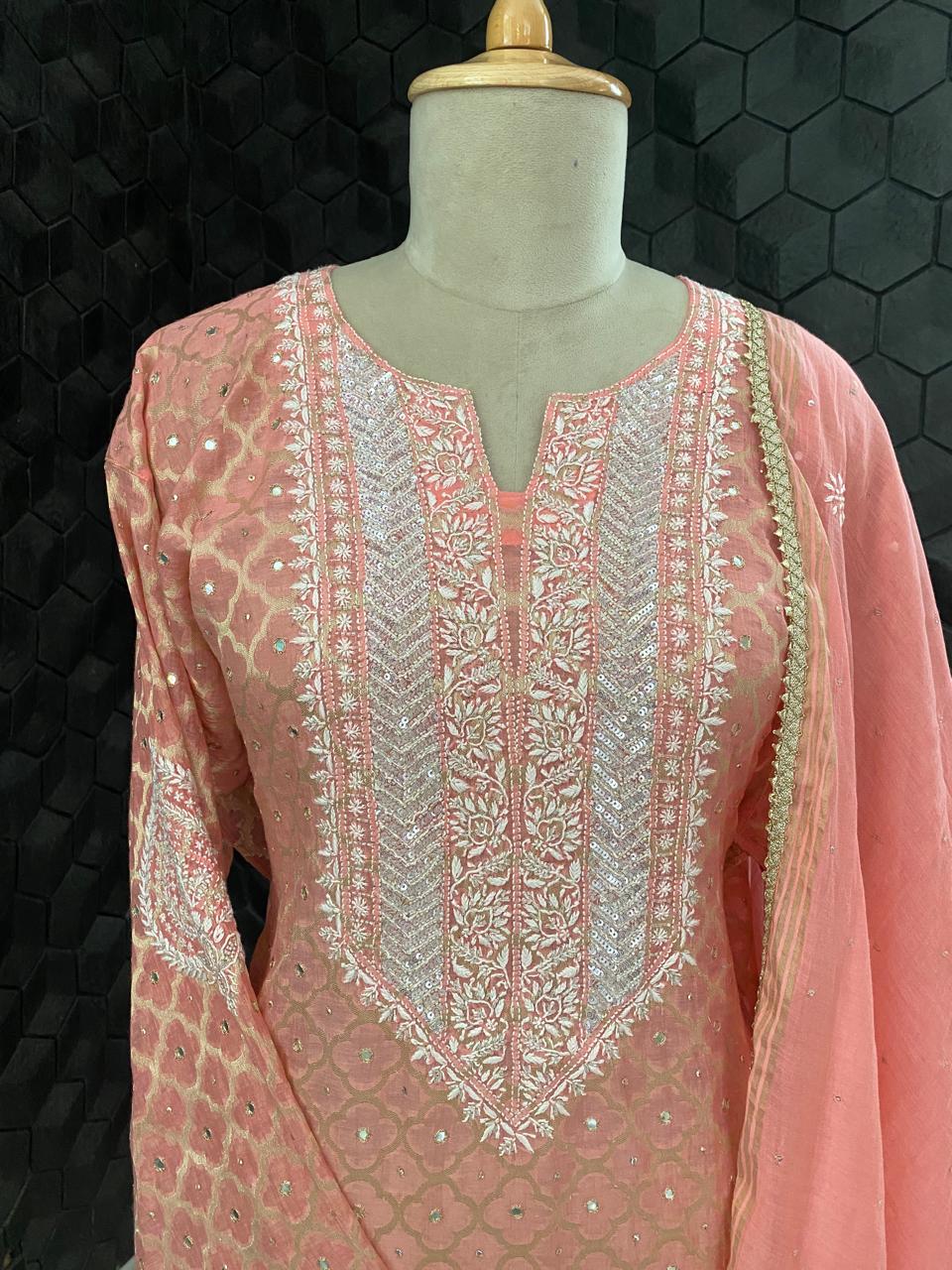 Coral Pink Mul Chanderi Chikankari Kurta Set