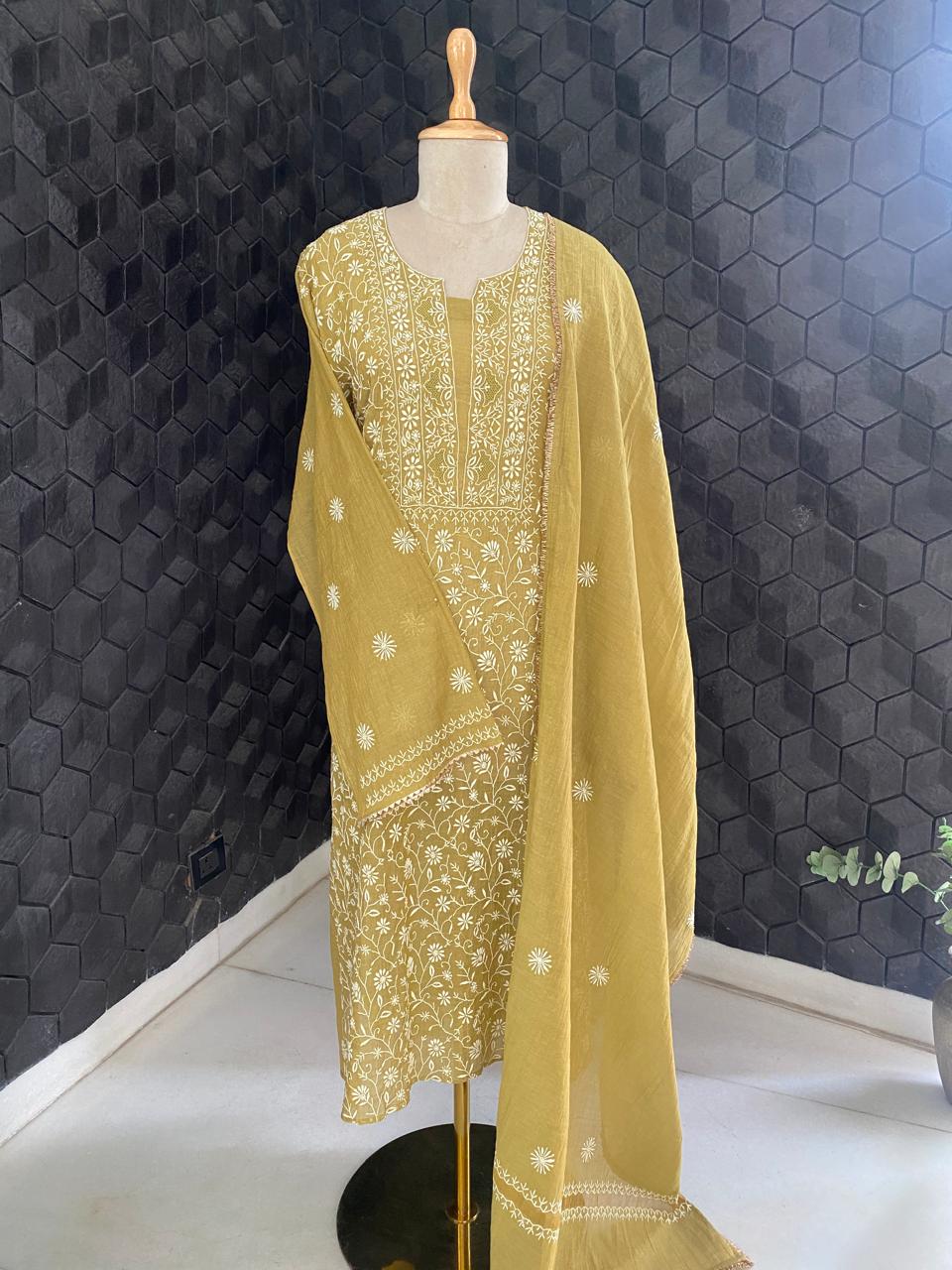 Mustard Golden Tissue Chikankari Kurta Set