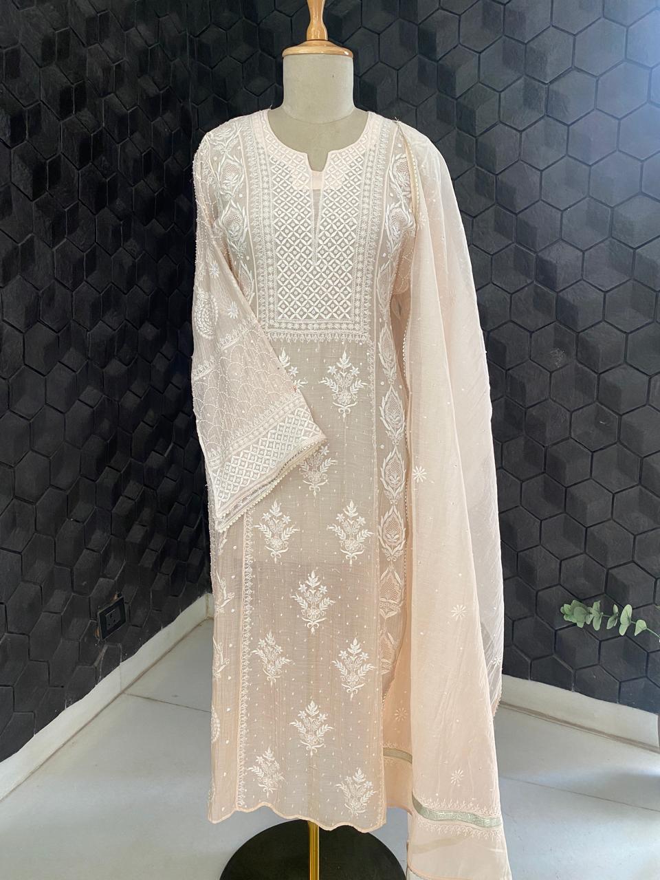 Peach Mul Chanderi Chikankari Kurta Set