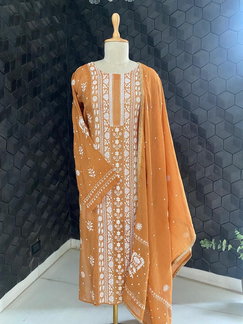 Rust Orange Golden Tissue Embroidered Kurta Set