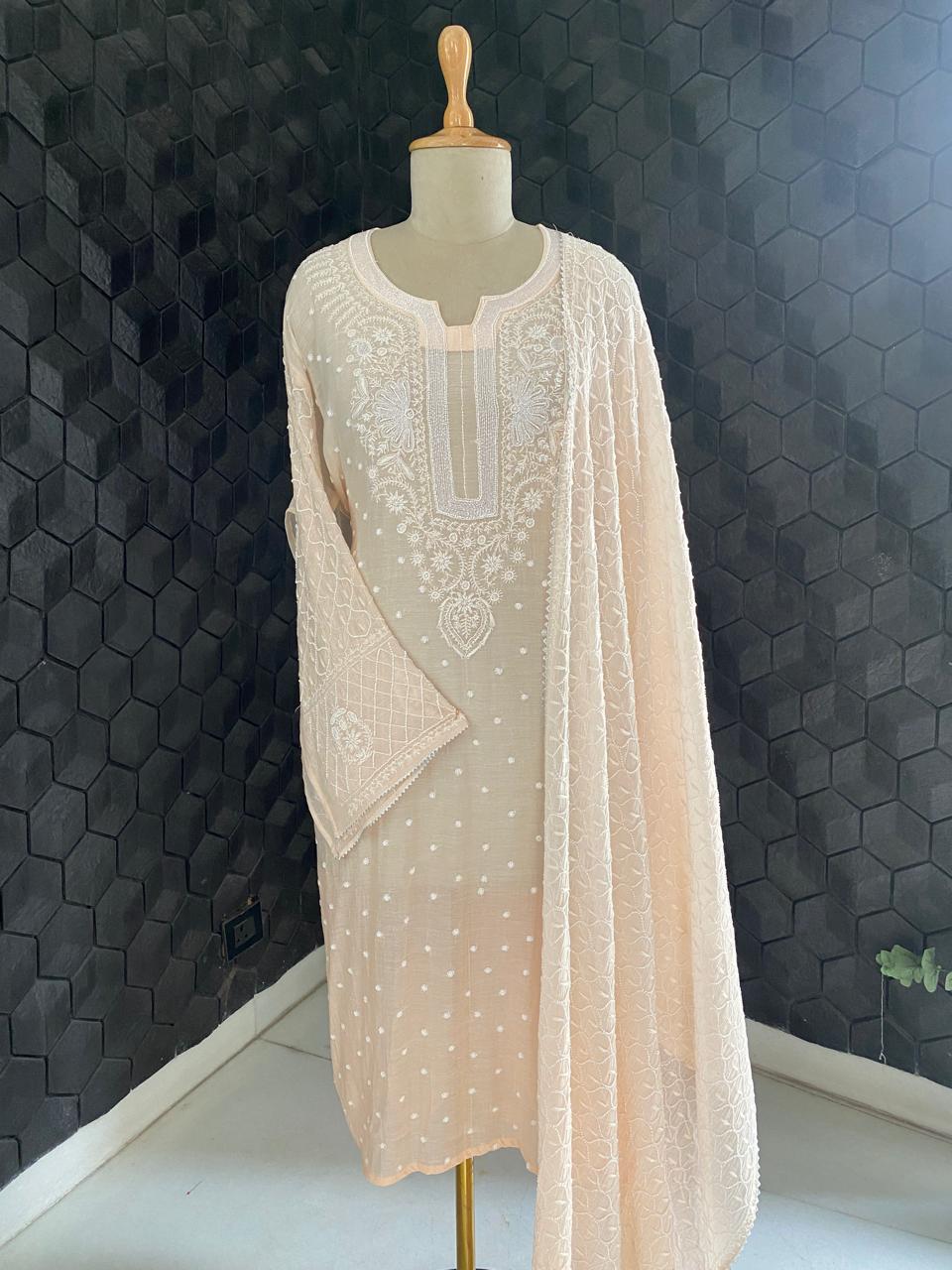 Peach Mul Chanderi Chikankari Embroidered Kurta Set