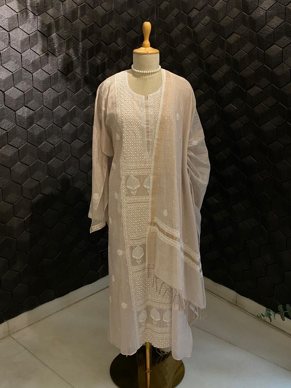 Peach Silver Tissue Embroidered Kurta Set