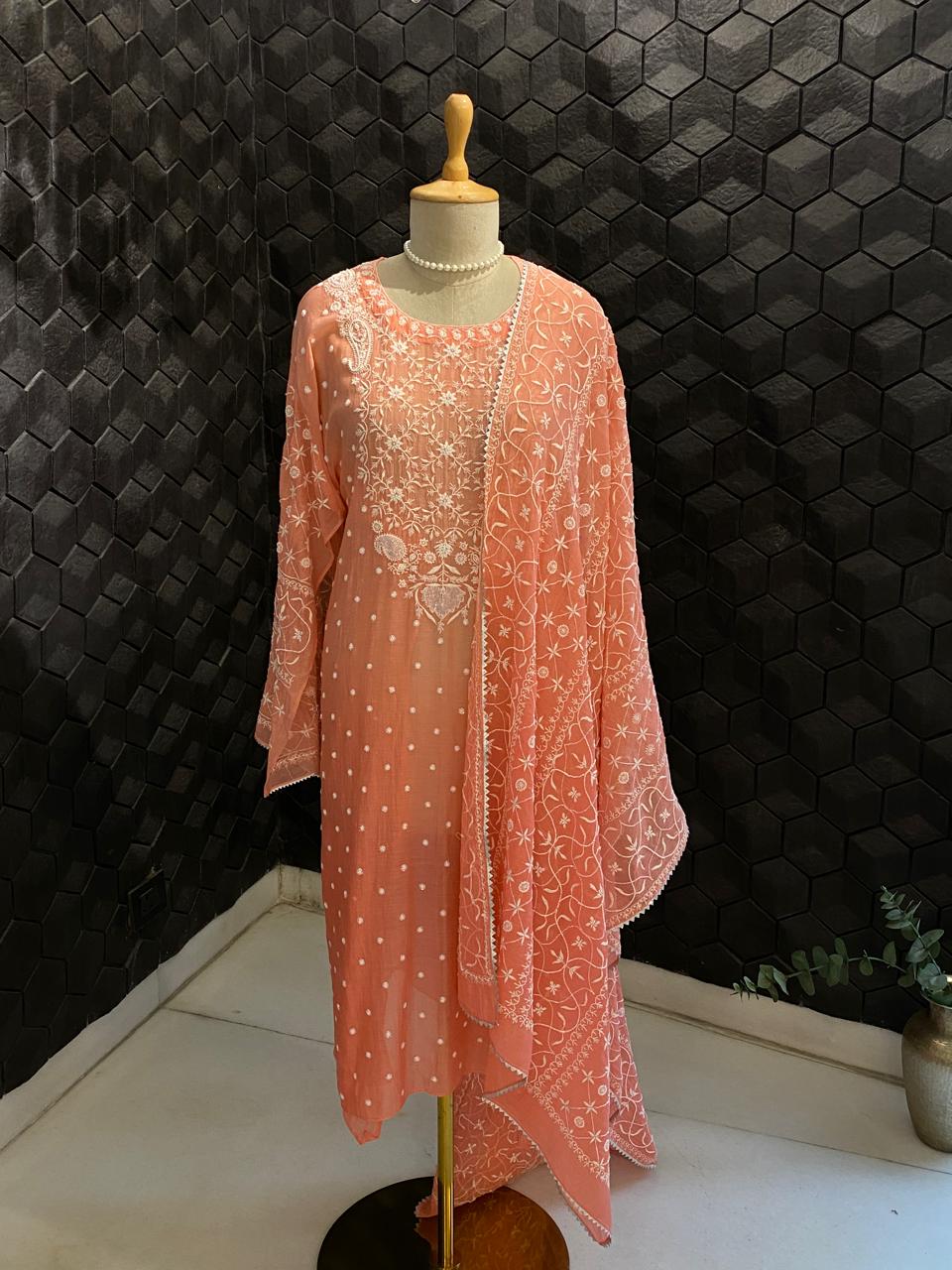Coral Pink Mul Chanderi Embroidered Kurta Set