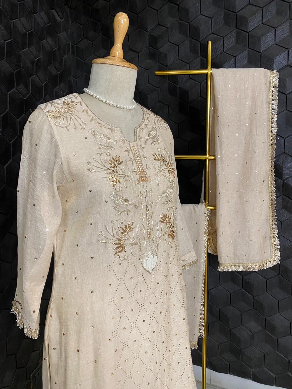 Beige Mukaish Tissue Kurta Set