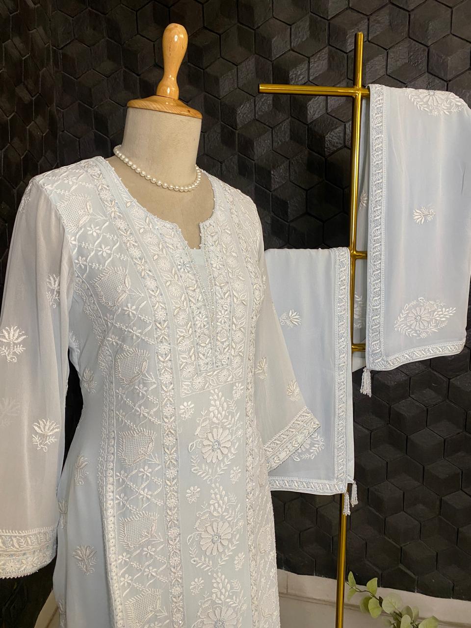 Powder Blue Georgette Chikankari Embroidered Kurta Set