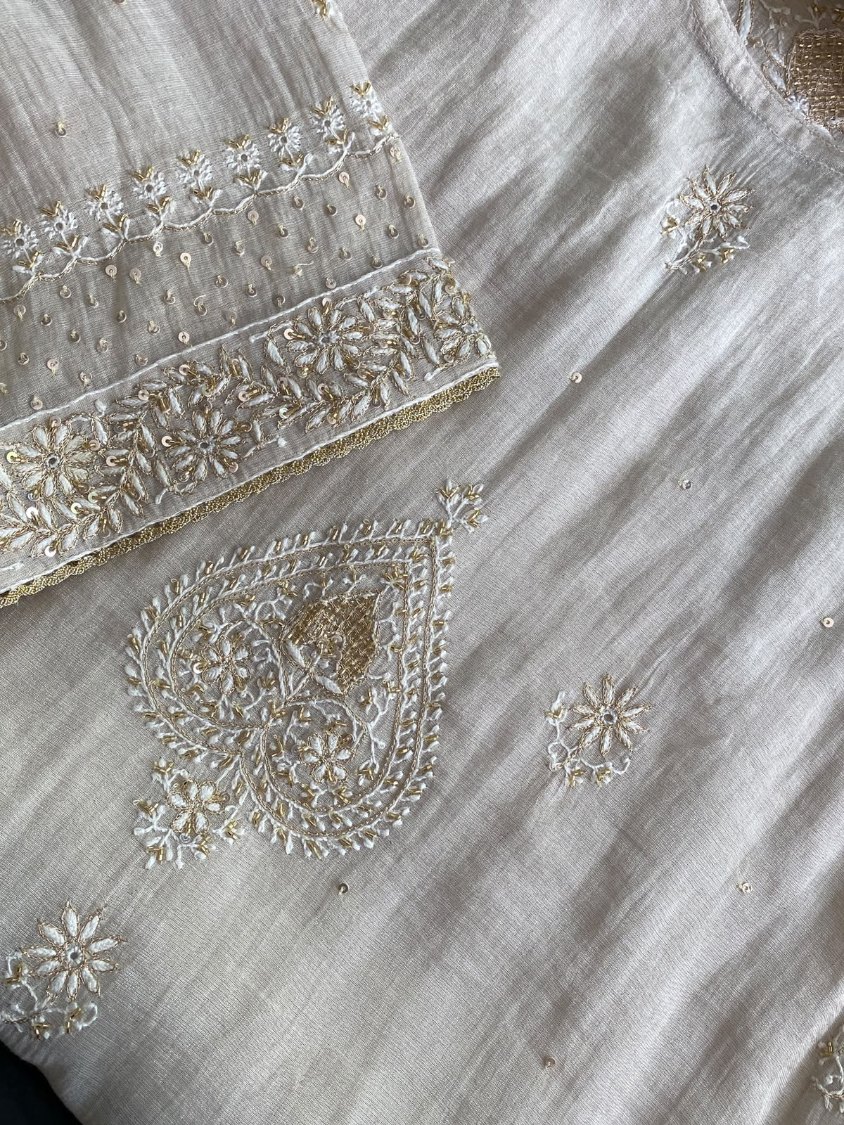 White Tissue Kasab Chikankari Kurta Set