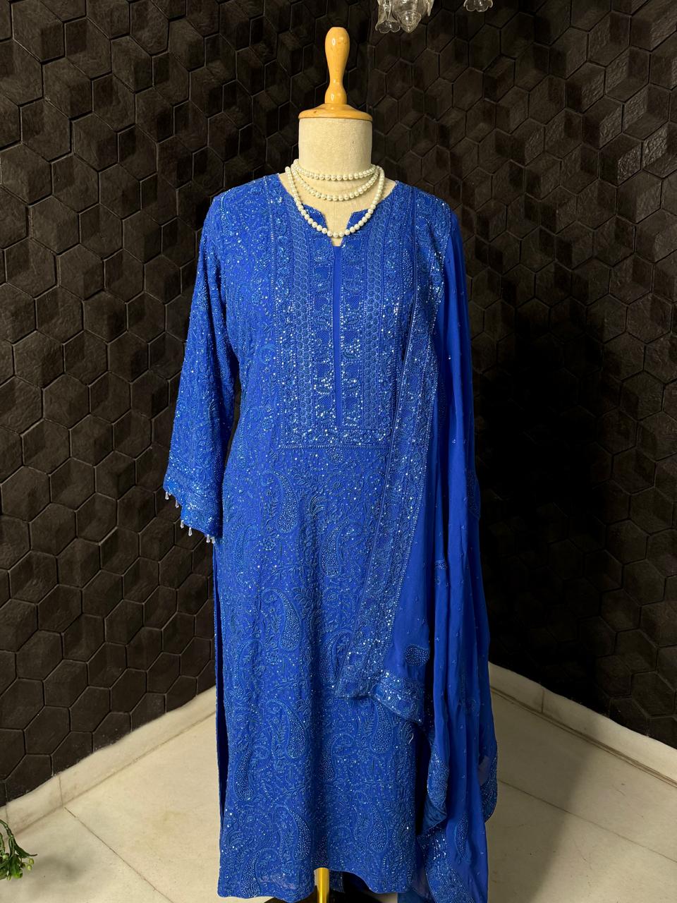 Electric Blue Georgette Chikankari Kurta Set