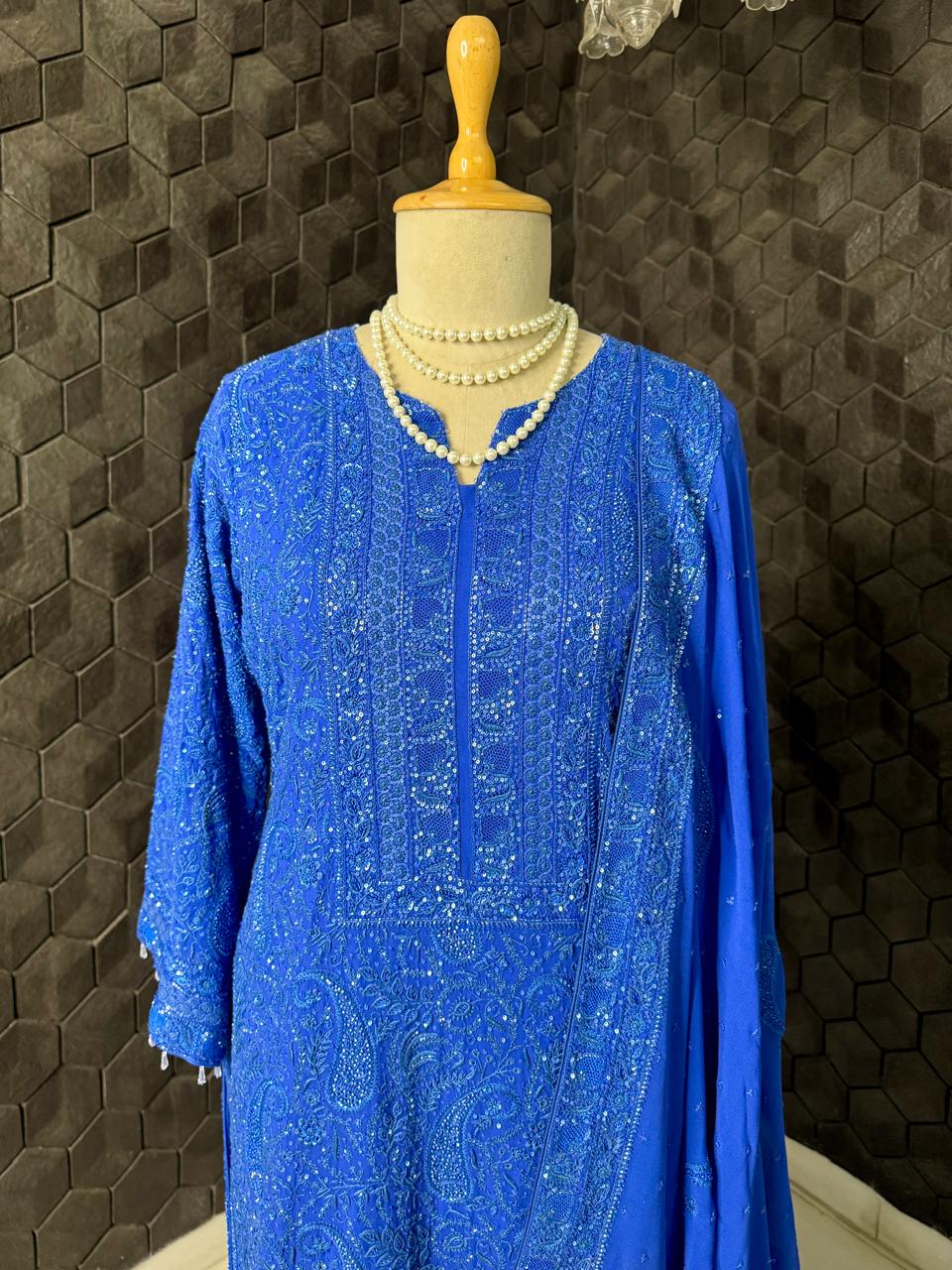 Electric Blue Georgette Chikankari Kurta Set