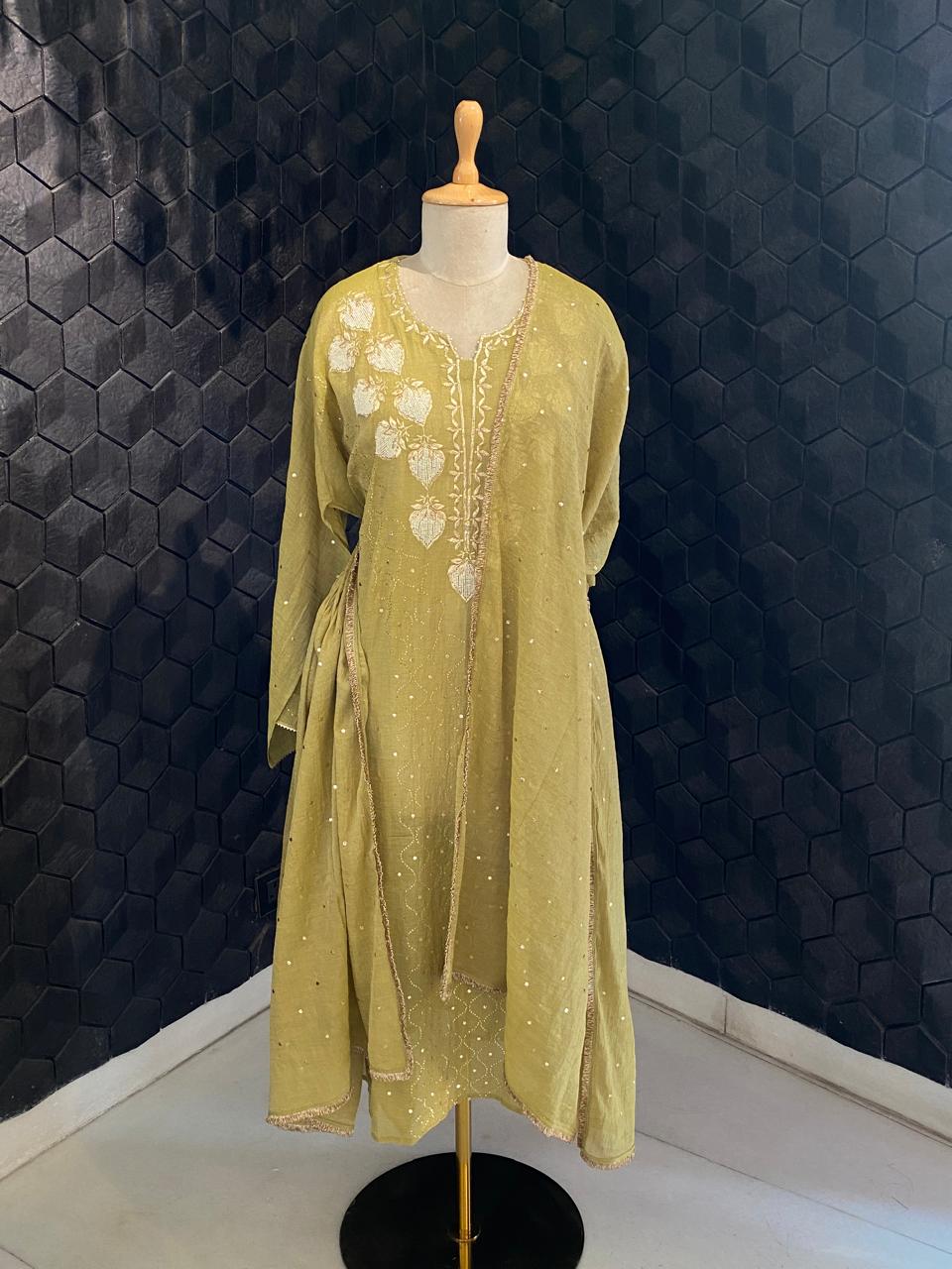 Olive Green Tissue Mukaish Kurta Set