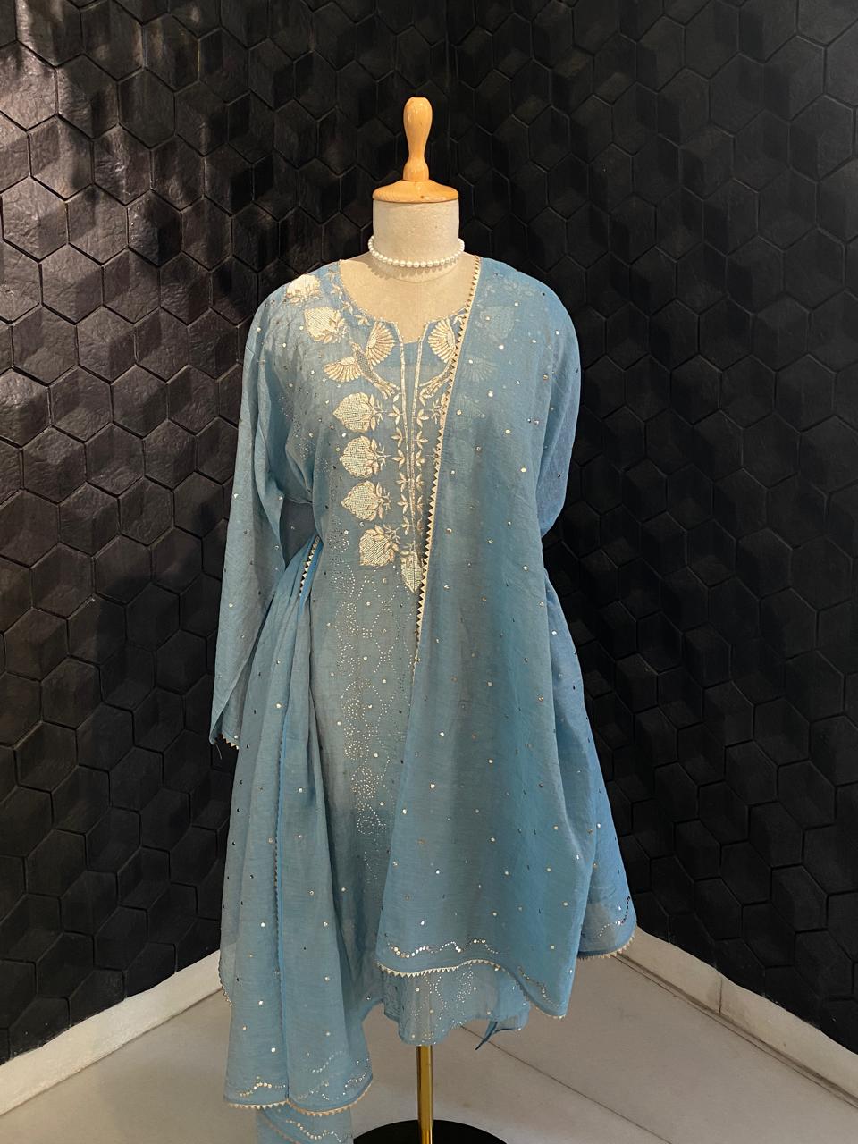 Sky Blue Tissue Mukaish Kurta Set