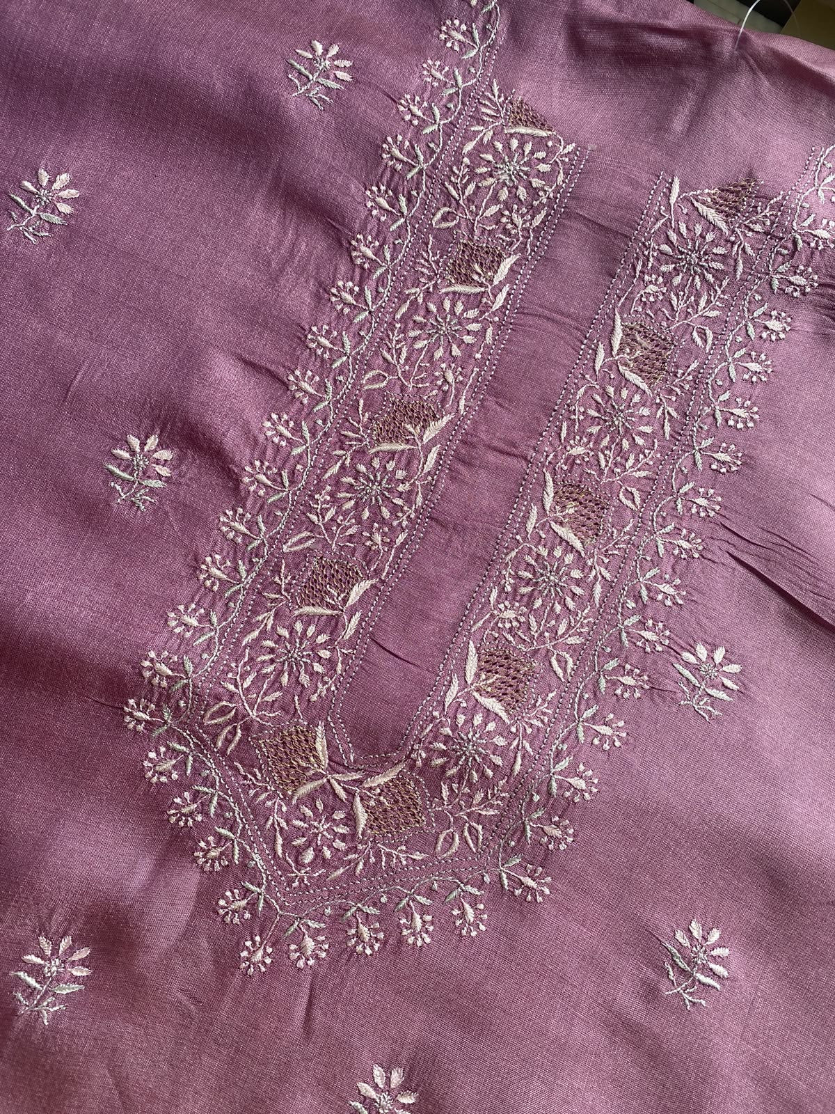 Mauve Tussar Silk Chikankari Men's Kurta