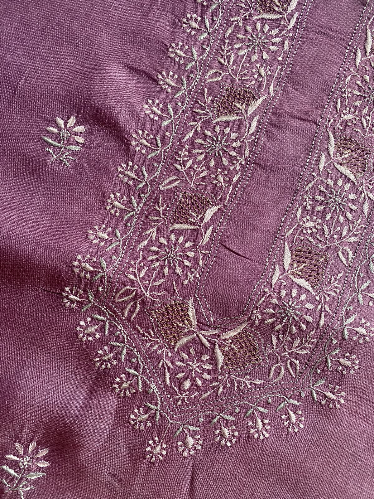 Mauve Tussar Silk Chikankari Men's Kurta
