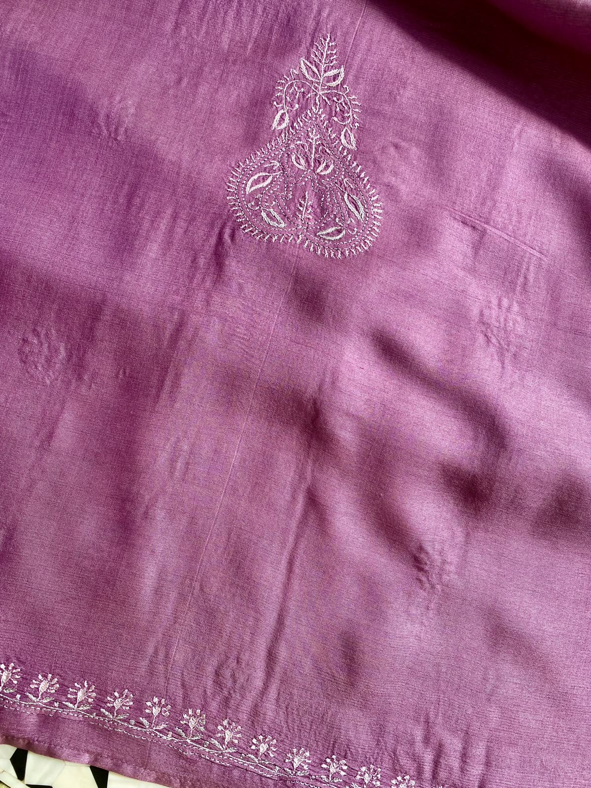 Mauve Tussar Silk Chikankari Men's Kurta