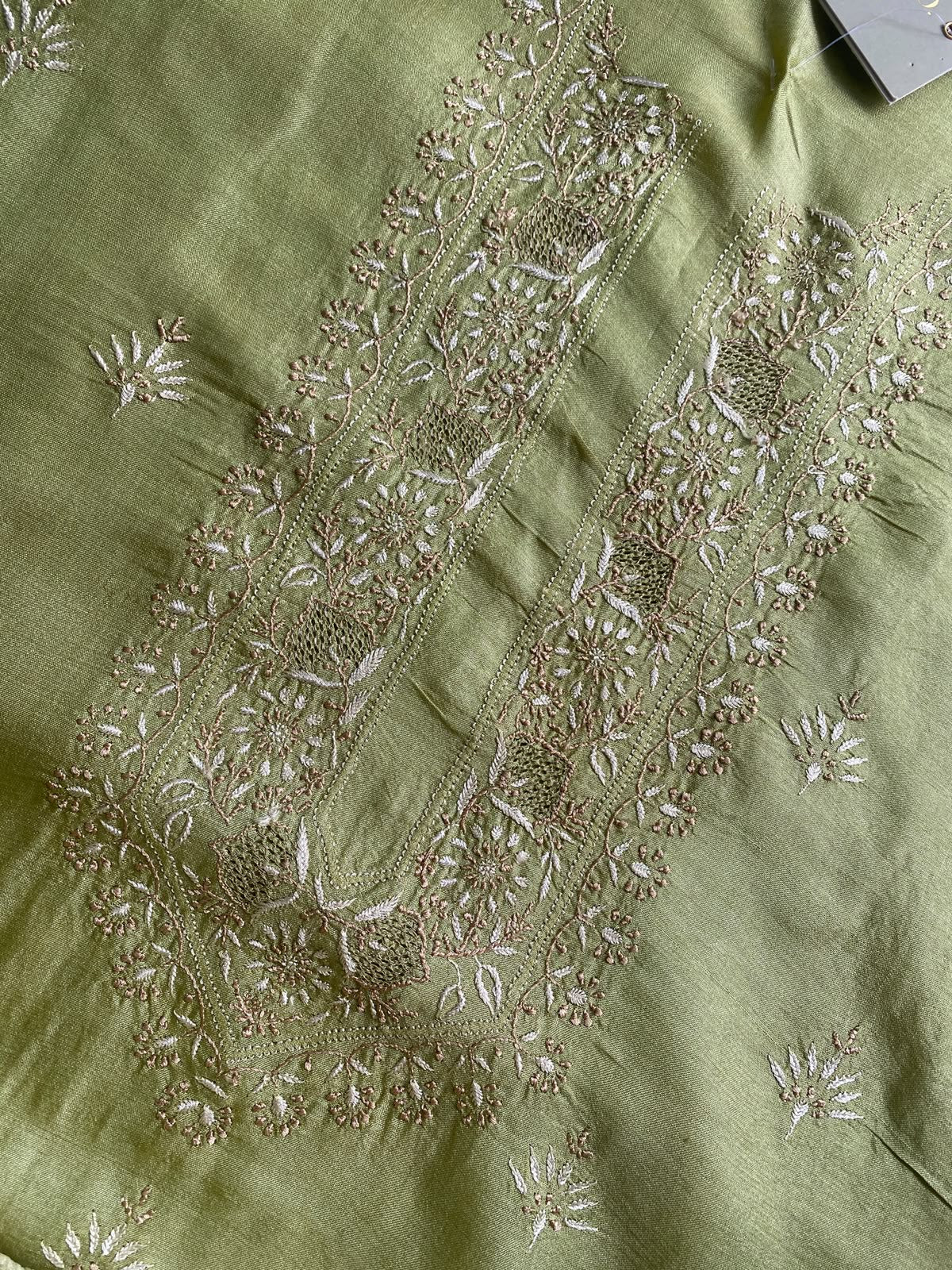 Olive Green Tussar Silk Chikankari Men's Kurta
