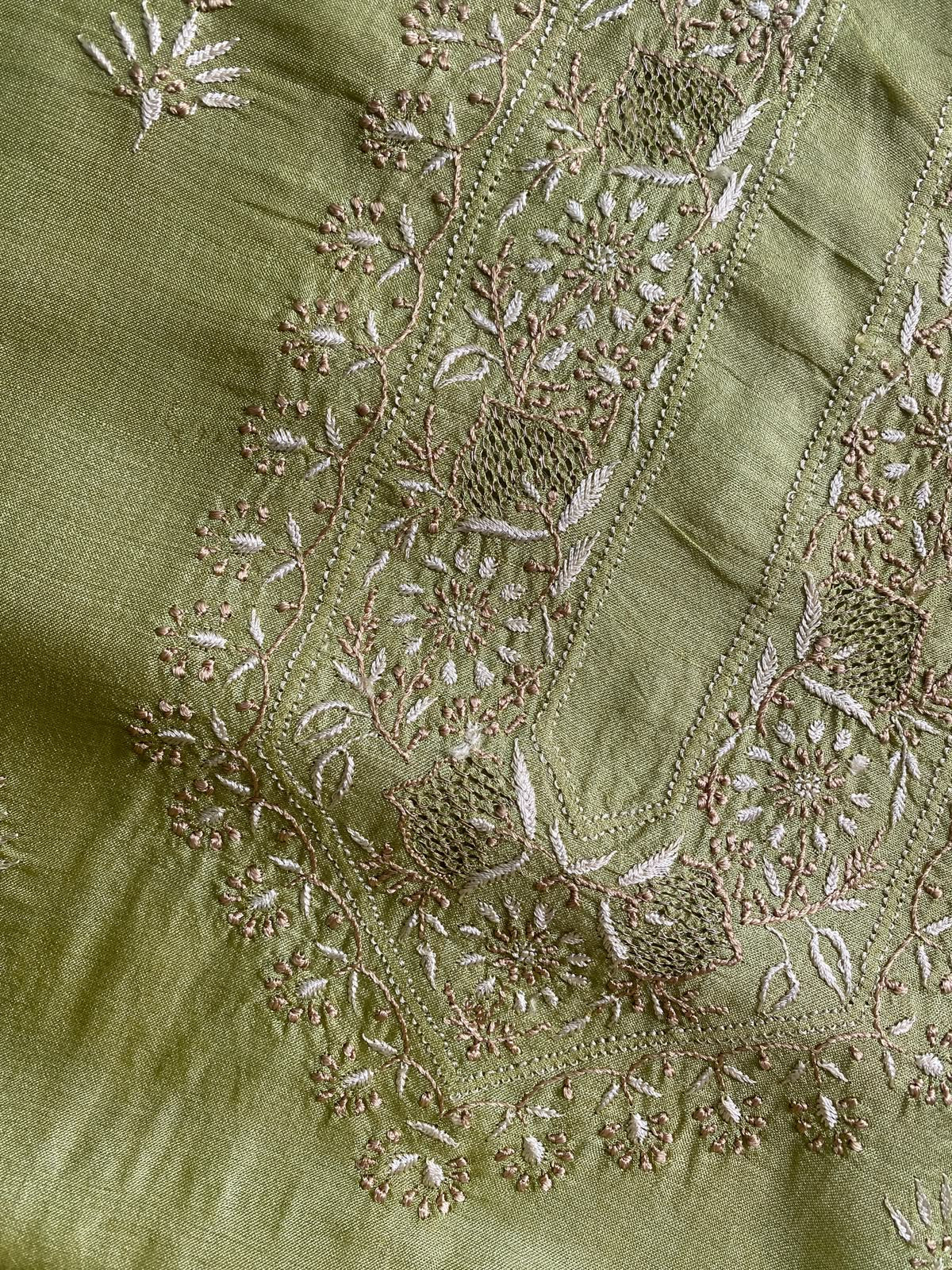 Olive Green Tussar Silk Chikankari Men's Kurta