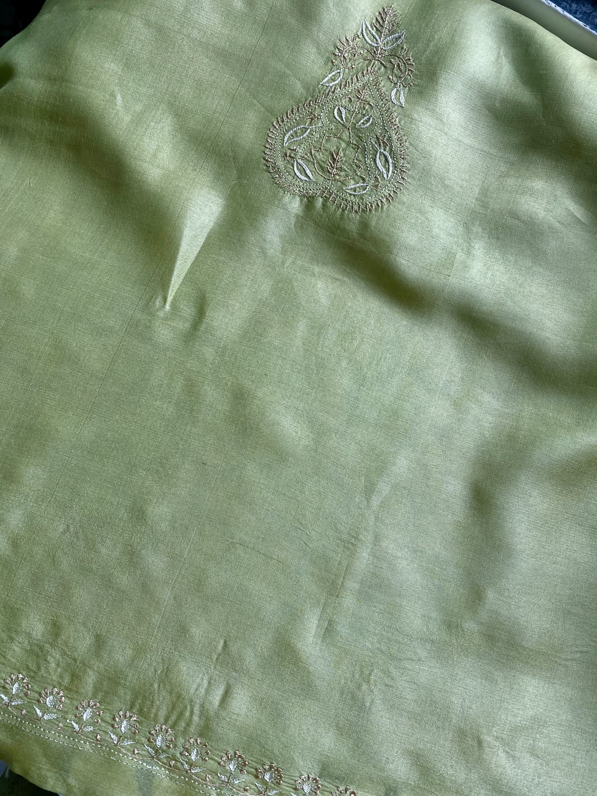 Olive Green Tussar Silk Chikankari Men's Kurta