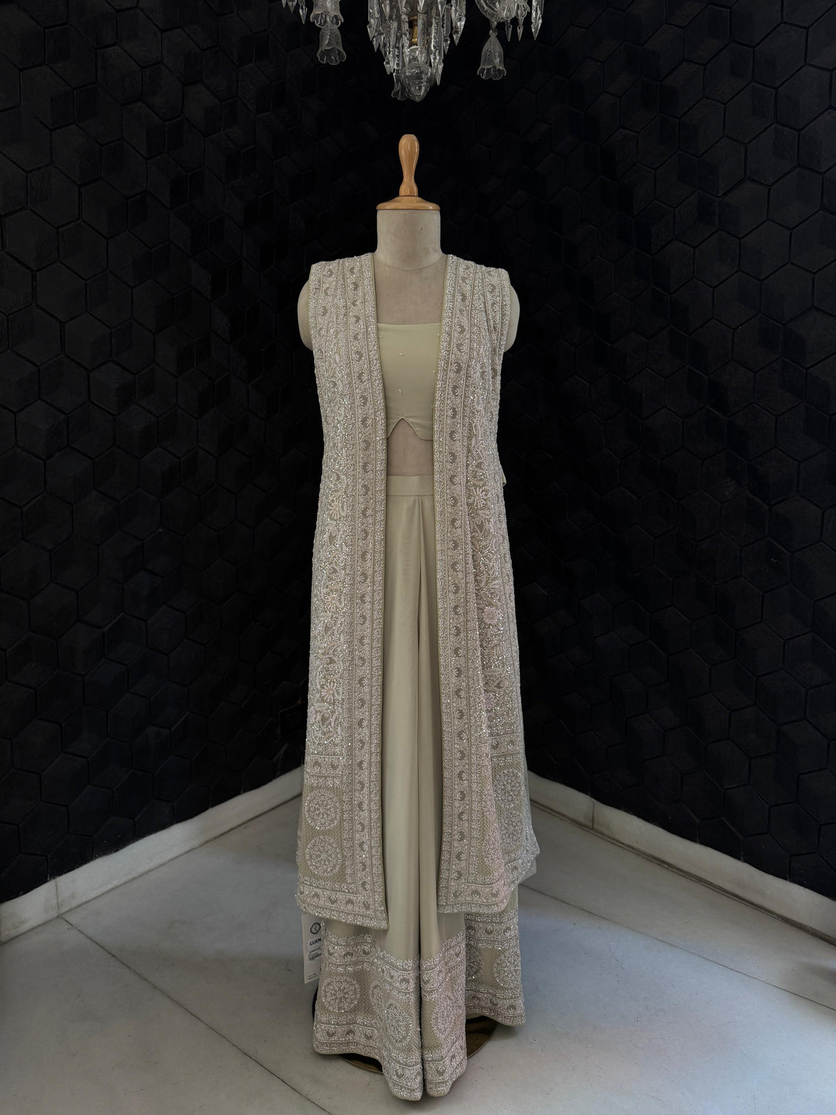 Pista Green Georgette Embroidered Long Jacket Set with Wide Leg Trousers