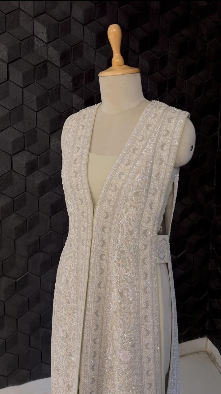 Pista Green Georgette Embroidered Long Jacket Set with Wide Leg Trousers