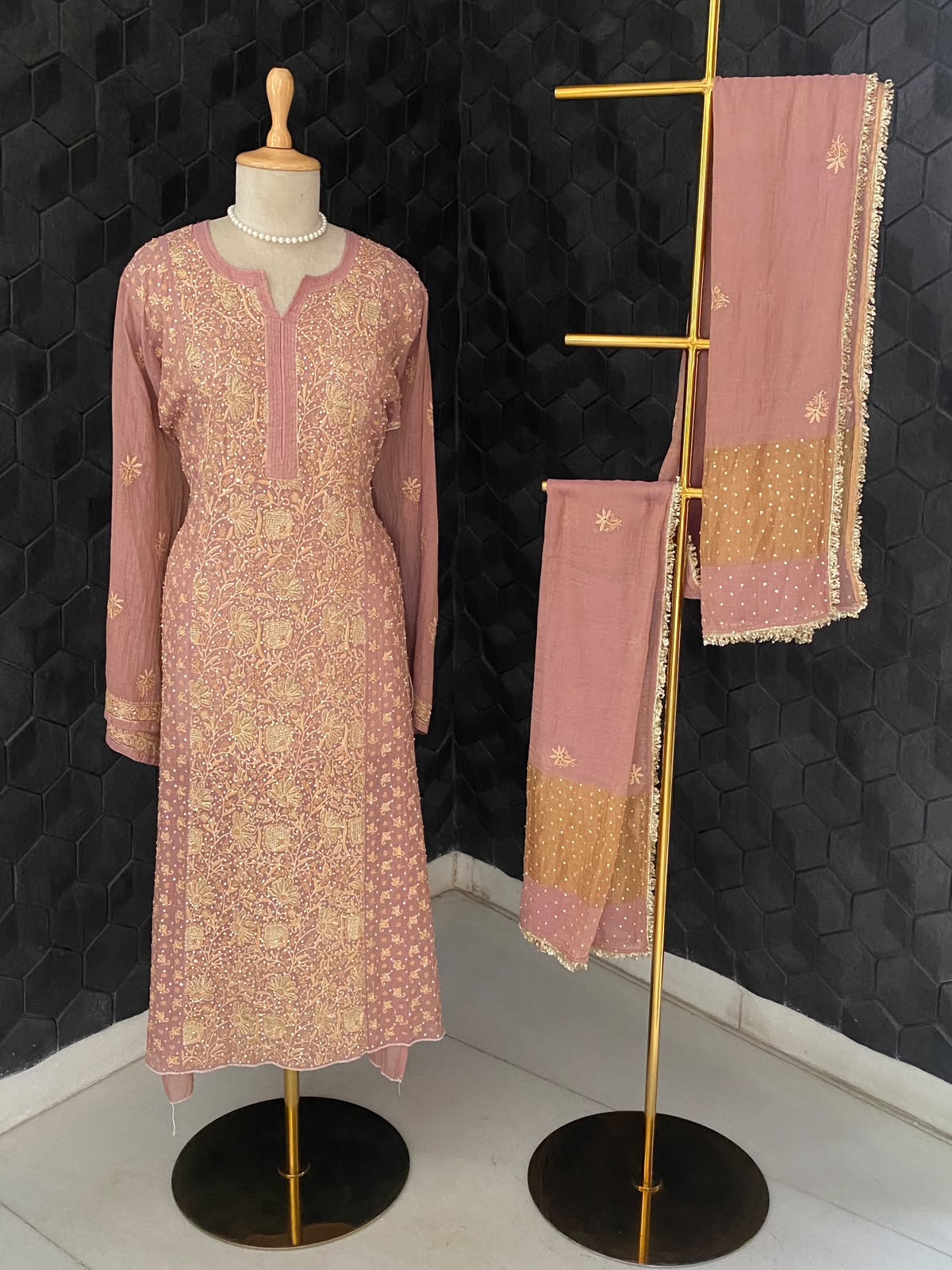 Onion Pink tissue chikankari kurta set