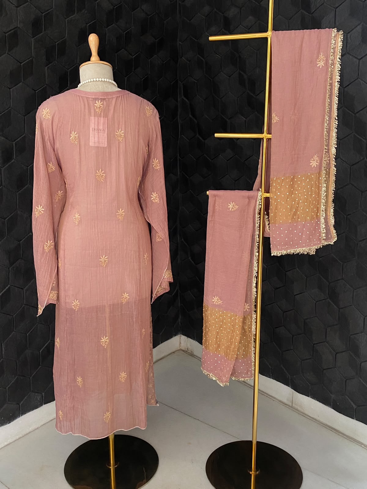 Onion Pink tissue chikankari kurta set