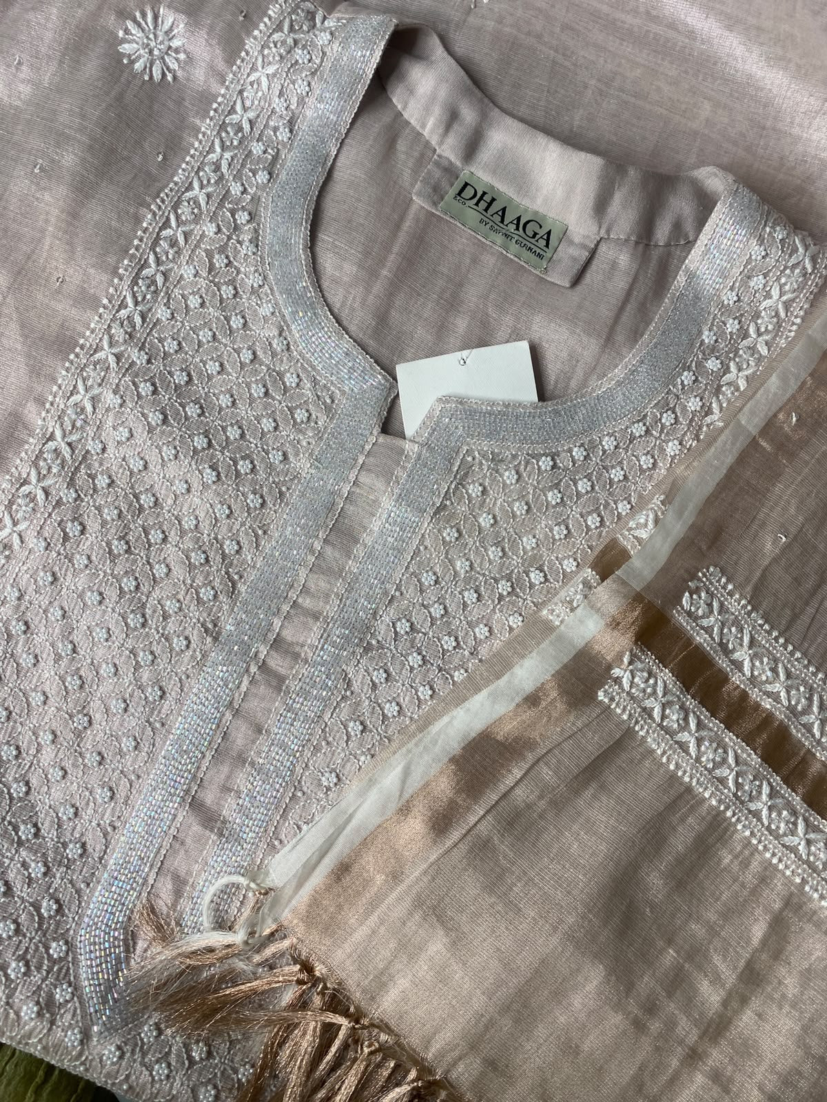 Peach Silver Tissue Embroidered Kurta Set