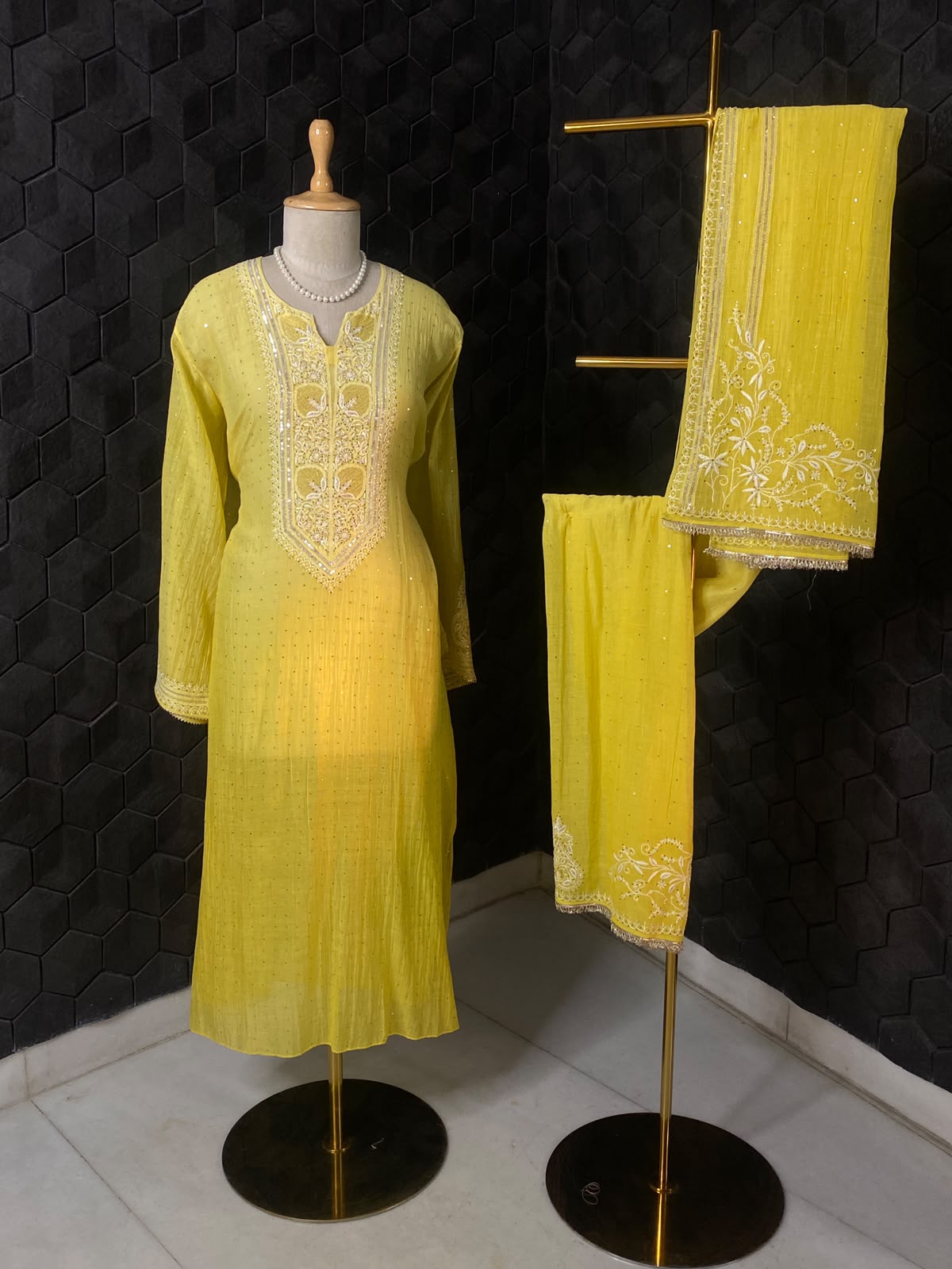 Yellow Mul Chanderi Chikankari Kurta Set