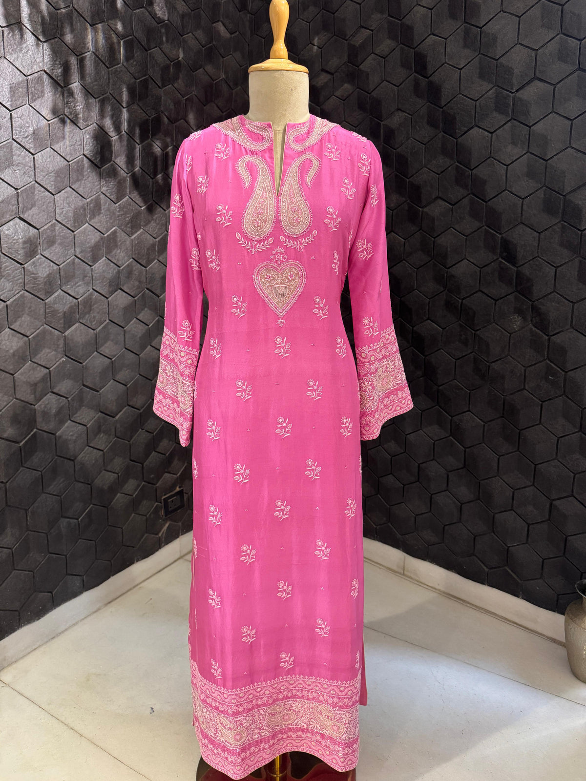 Pink Moonga Silk Chikankari Kaftan