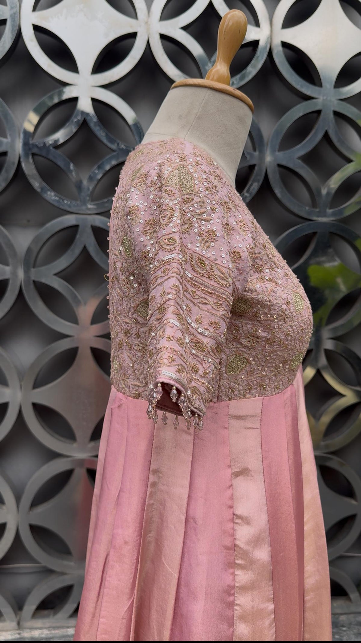 Pink Golden Tissue Chikankari Dress
